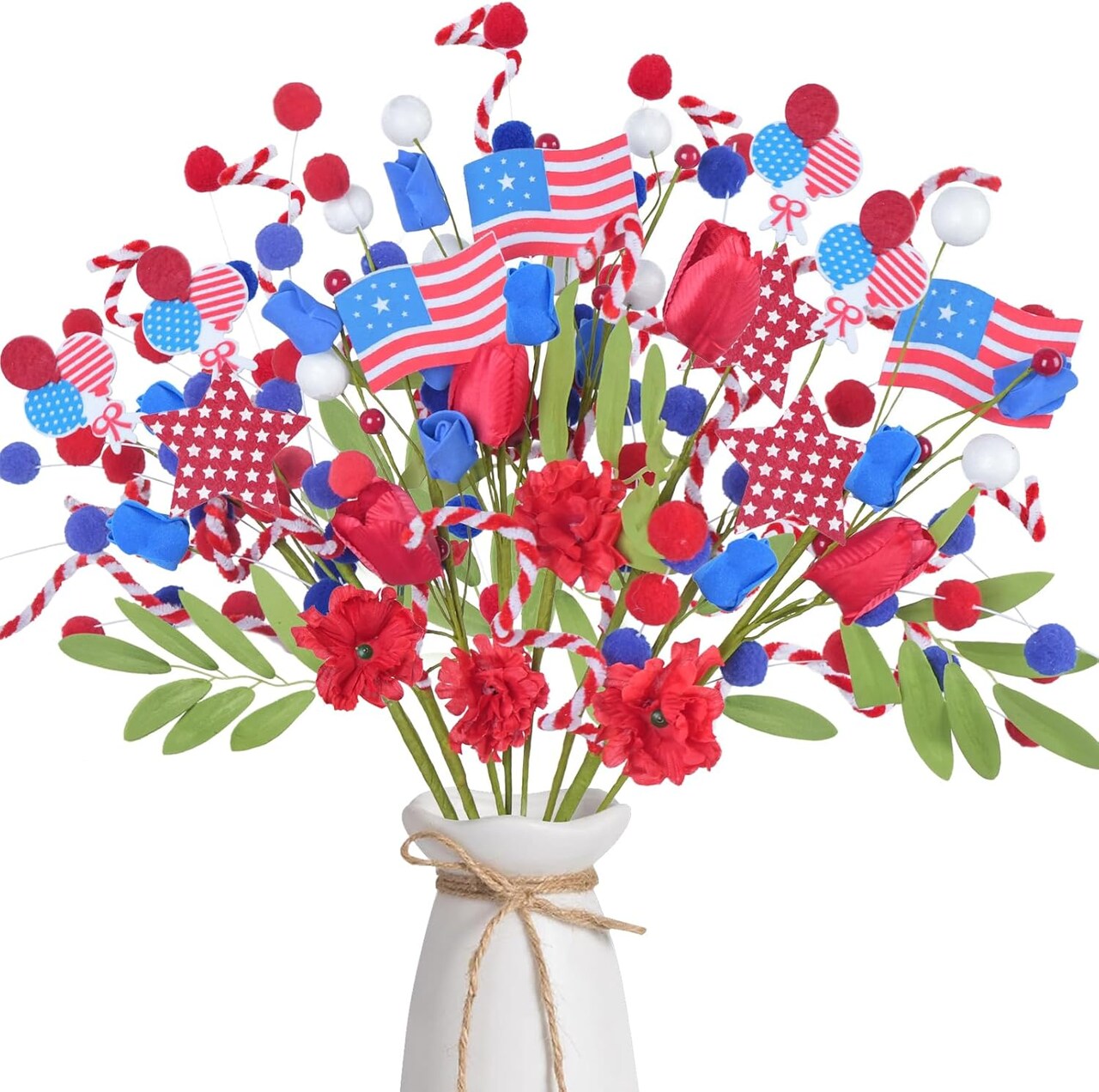8 Pcs Patriotic Flowers Artificial Tulips, Red White Blue Silk Flowers with Berries American Flags Balloons Stars for 4th of July Home Decor, Living Room Kitchen Centerpiece Table Decorations
